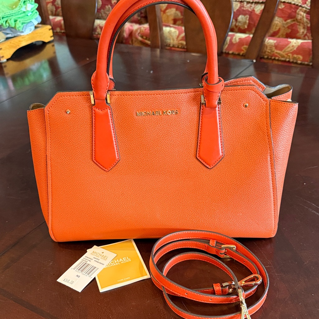 Michael Kors Hayes Persimmon Orange Pebbled Leather Satchel With Removable Strap